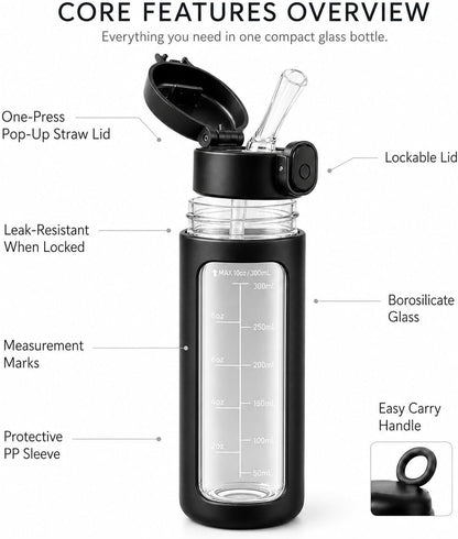 10oz Mini Glass Water Bottle with Straw Lid, Borosilicate Glass Cup with Carry Handle, Lockable Pop-Up Lid, Measurement Marks & Protective Sleeve for Milk, Juice, Water-Pink