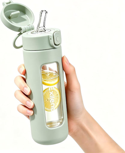 10oz Mini Glass Water Bottle with Straw Lid, Borosilicate Glass Cup with Carry Handle, Lockable Pop-Up Lid, Measurement Marks & Protective Sleeve for Milk, Juice, Water-Pink