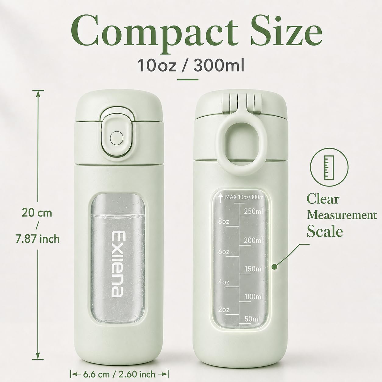 10oz Mini Glass Water Bottle with Straw Lid, Borosilicate Glass Cup with Carry Handle, Lockable Pop-Up Lid, Measurement Marks & Protective Sleeve for Milk, Juice, Water-Pink