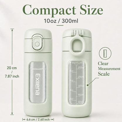 10oz Mini Glass Water Bottle with Straw Lid, Borosilicate Glass Cup with Carry Handle, Lockable Pop-Up Lid, Measurement Marks & Protective Sleeve for Milk, Juice, Water-Pink