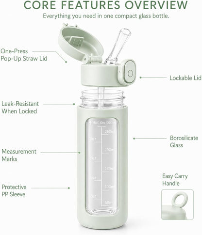10oz Mini Glass Water Bottle with Straw Lid, Borosilicate Glass Cup with Carry Handle, Lockable Pop-Up Lid, Measurement Marks & Protective Sleeve for Milk, Juice, Water-Pink