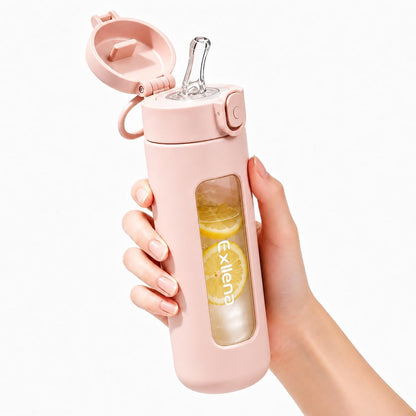 10oz Mini Glass Water Bottle with Straw Lid, Borosilicate Glass Cup with Carry Handle, Lockable Pop-Up Lid, Measurement Marks & Protective Sleeve for Milk, Juice, Water-Pink