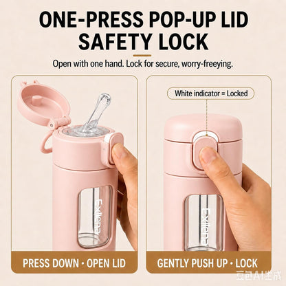 10oz Mini Glass Water Bottle with Straw Lid, Borosilicate Glass Cup with Carry Handle, Lockable Pop-Up Lid, Measurement Marks & Protective Sleeve for Milk, Juice, Water-Pink