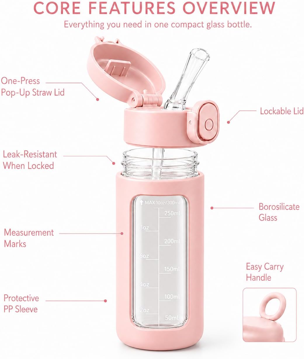 10oz Mini Glass Water Bottle with Straw Lid, Borosilicate Glass Cup with Carry Handle, Lockable Pop-Up Lid, Measurement Marks & Protective Sleeve for Milk, Juice, Water-Pink