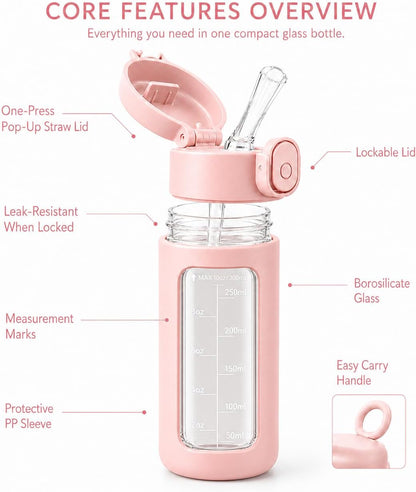 10oz Mini Glass Water Bottle with Straw Lid, Borosilicate Glass Cup with Carry Handle, Lockable Pop-Up Lid, Measurement Marks & Protective Sleeve for Milk, Juice, Water-Pink