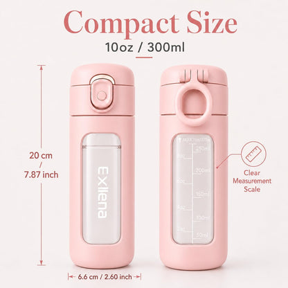 10oz Mini Glass Water Bottle with Straw Lid, Borosilicate Glass Cup with Carry Handle, Lockable Pop-Up Lid, Measurement Marks & Protective Sleeve for Milk, Juice, Water-Pink