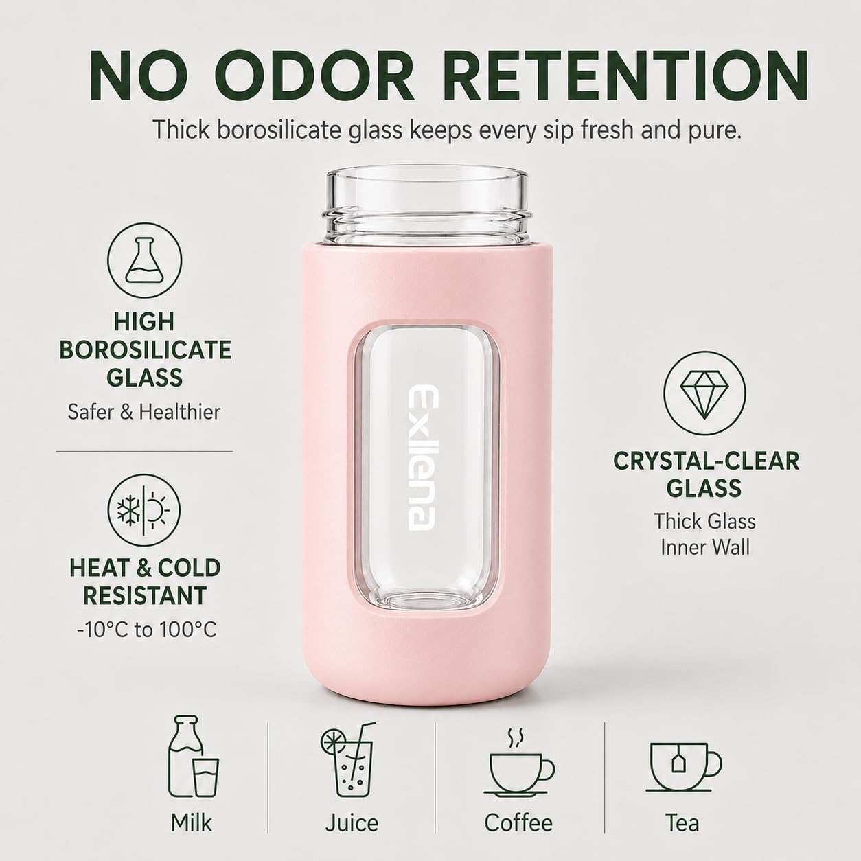 10oz Mini Glass Water Bottle with Straw Lid, Borosilicate Glass Cup with Carry Handle, Lockable Pop-Up Lid, Measurement Marks & Protective Sleeve for Milk, Juice, Water-Pink