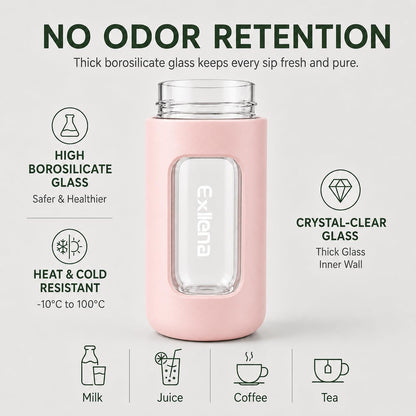 10oz Mini Glass Water Bottle with Straw Lid, Borosilicate Glass Cup with Carry Handle, Lockable Pop-Up Lid, Measurement Marks & Protective Sleeve for Milk, Juice, Water-Pink