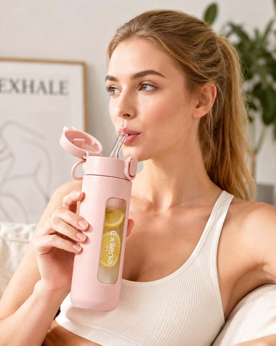 10oz Mini Glass Water Bottle with Straw Lid, Borosilicate Glass Cup with Carry Handle, Lockable Pop-Up Lid, Measurement Marks & Protective Sleeve for Milk, Juice, Water-Pink