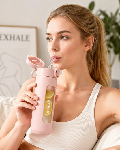 10oz Mini Glass Water Bottle with Straw Lid, Borosilicate Glass Cup with Carry Handle, Lockable Pop-Up Lid, Measurement Marks & Protective Sleeve for Milk, Juice, Water-Pink