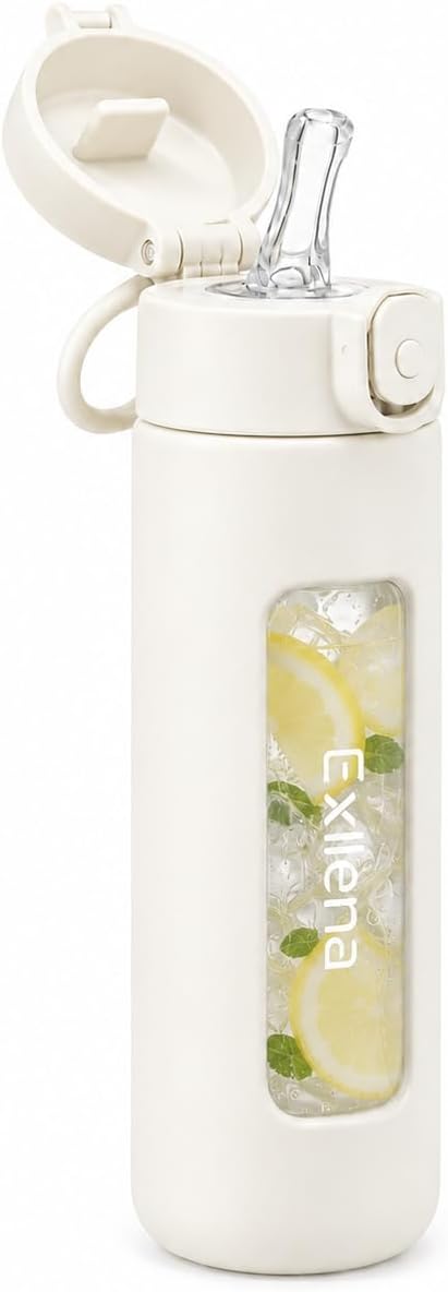 10oz Mini Glass Water Bottle with Straw Lid, Borosilicate Glass Cup with Carry Handle, Lockable Pop-Up Lid, Measurement Marks & Protective Sleeve for Milk, Juice, Water-Pink