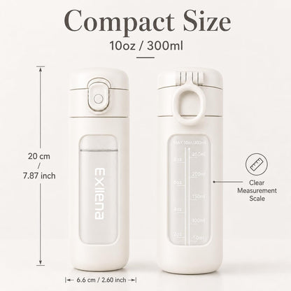 10oz Mini Glass Water Bottle with Straw Lid, Borosilicate Glass Cup with Carry Handle, Lockable Pop-Up Lid, Measurement Marks & Protective Sleeve for Milk, Juice, Water-Pink