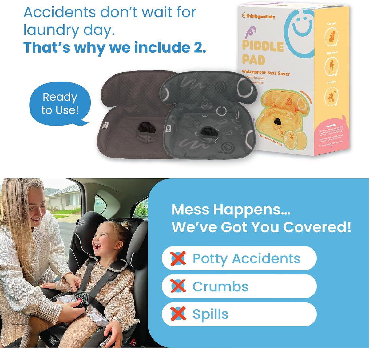 Piddle Pad 2-Pack, Potty Training Car Seat Protector, Toddler Car Seat Cover & Stroller Protector, Machine Washable Waterproof Car Seat, Anti-Slip, Universal Fit (Black)