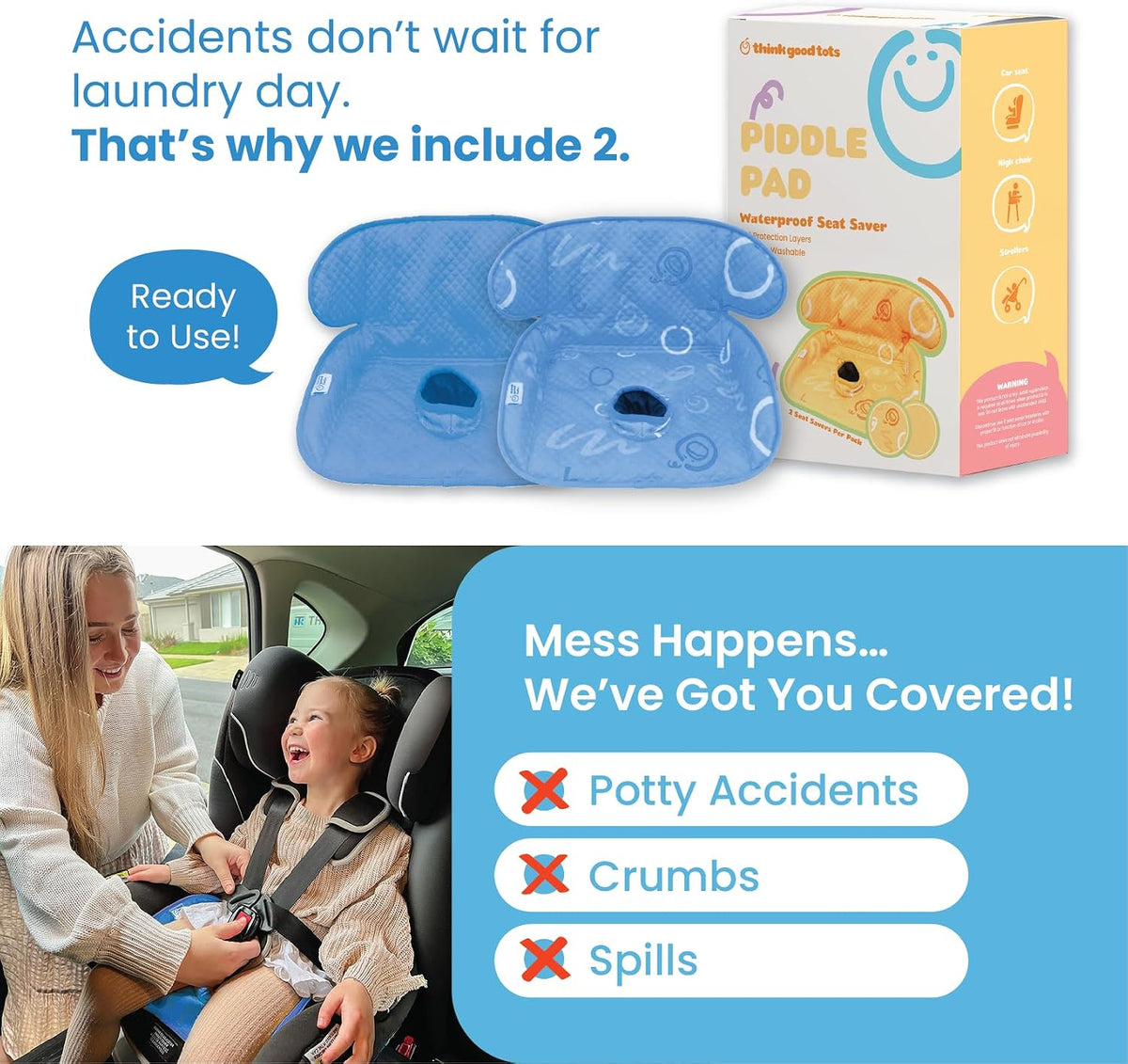 Piddle Pad 2-Pack, Potty Training Car Seat Protector, Toddler Car Seat Cover & Stroller Protector, Machine Washable Waterproof Car Seat, Anti-Slip, Universal Fit (Black)