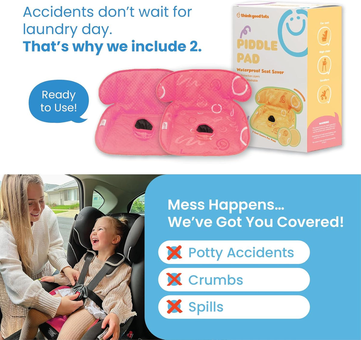 Piddle Pad 2-Pack, Potty Training Car Seat Protector, Toddler Car Seat Cover & Stroller Protector, Machine Washable Waterproof Car Seat, Anti-Slip, Universal Fit (Black)