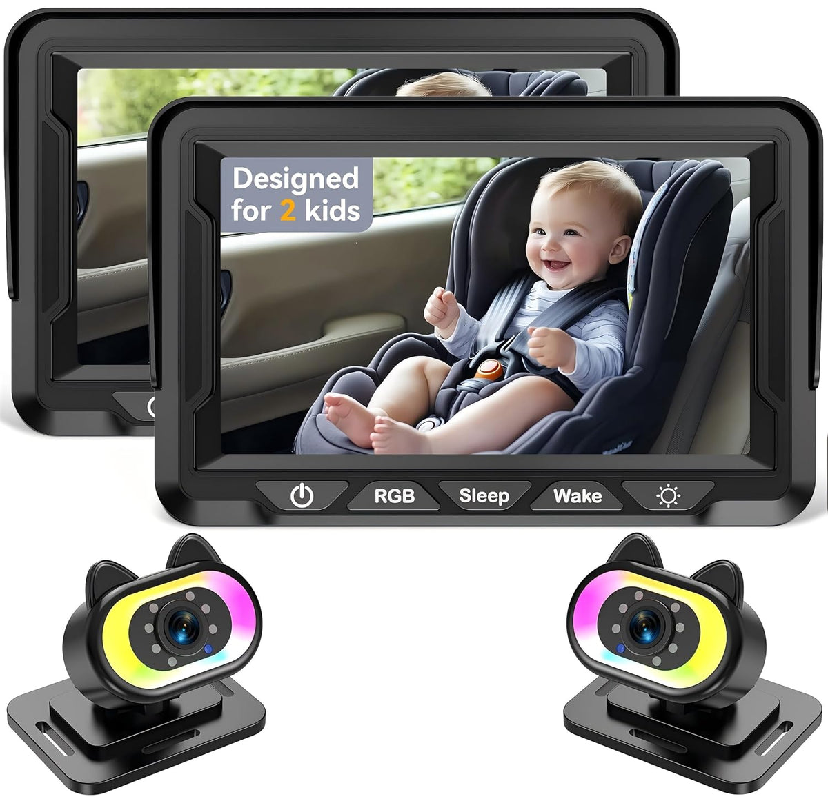 Wkzay Baby Car Camera 2-Pack – HD 1080P, 150° Wide Angle, Night Vision, Adjustable LED Light, Easy Installation, Infant Safety, Rear Seat Monitoring for Car Travel