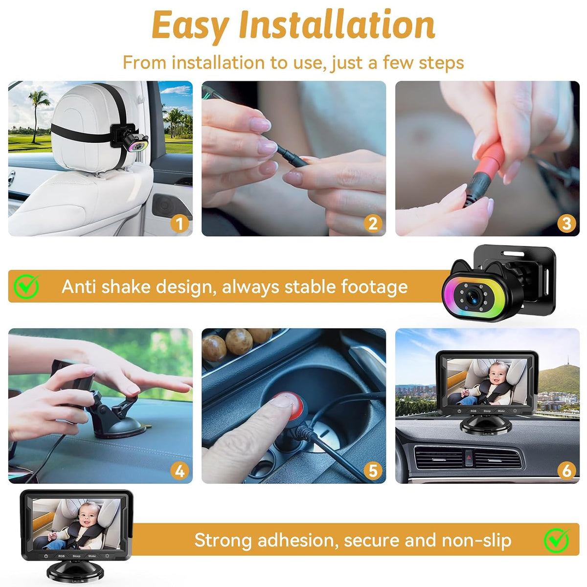 Wkzay Baby Car Camera 2-Pack – HD 1080P, 150° Wide Angle, Night Vision, Adjustable LED Light, Easy Installation, Infant Safety, Rear Seat Monitoring for Car Travel