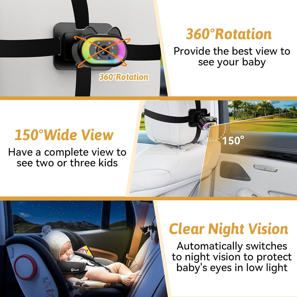 Wkzay Baby Car Camera 2-Pack – HD 1080P, 150° Wide Angle, Night Vision, Adjustable LED Light, Easy Installation, Infant Safety, Rear Seat Monitoring for Car Travel