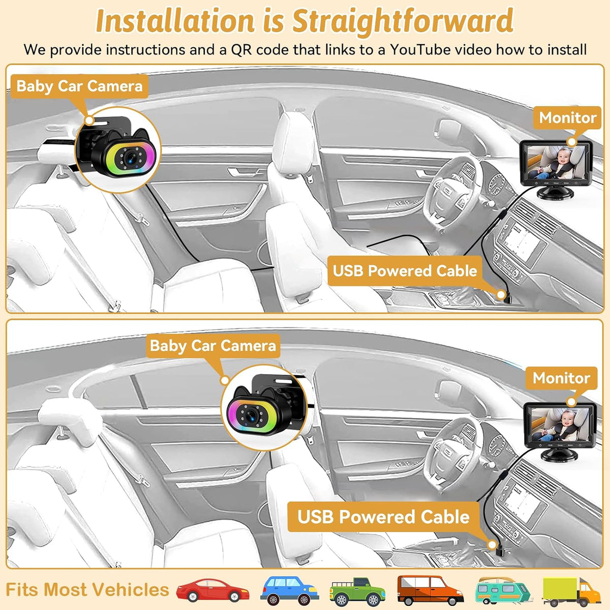 Wkzay Baby Car Camera 2-Pack – HD 1080P, 150° Wide Angle, Night Vision, Adjustable LED Light, Easy Installation, Infant Safety, Rear Seat Monitoring for Car Travel