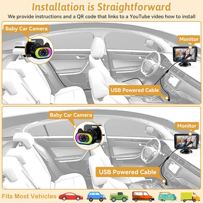 Wkzay Baby Car Camera 2-Pack – HD 1080P, 150° Wide Angle, Night Vision, Adjustable LED Light, Easy Installation, Infant Safety, Rear Seat Monitoring for Car Travel