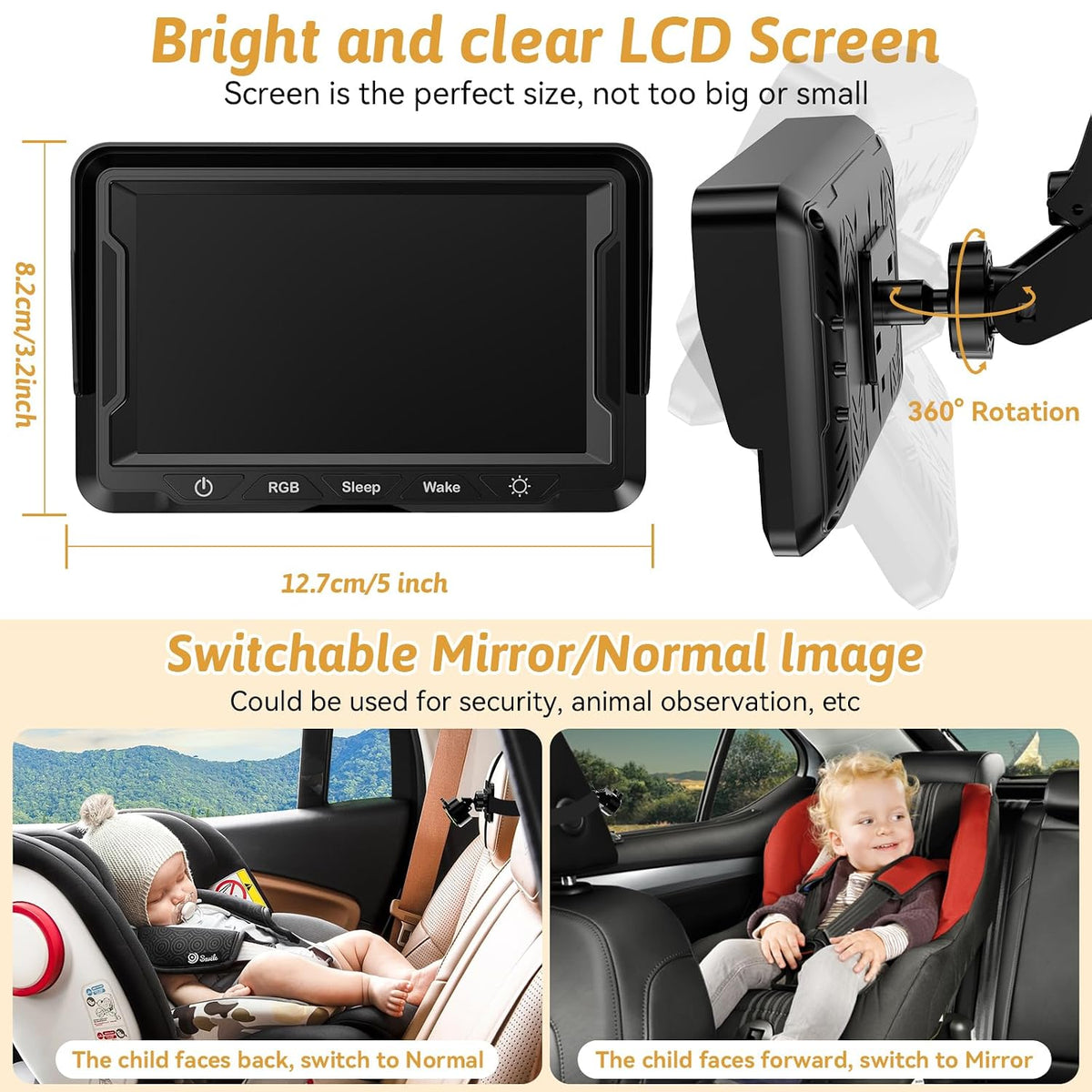 Wkzay Baby Car Camera 2-Pack – HD 1080P, 150° Wide Angle, Night Vision, Adjustable LED Light, Easy Installation, Infant Safety, Rear Seat Monitoring for Car Travel