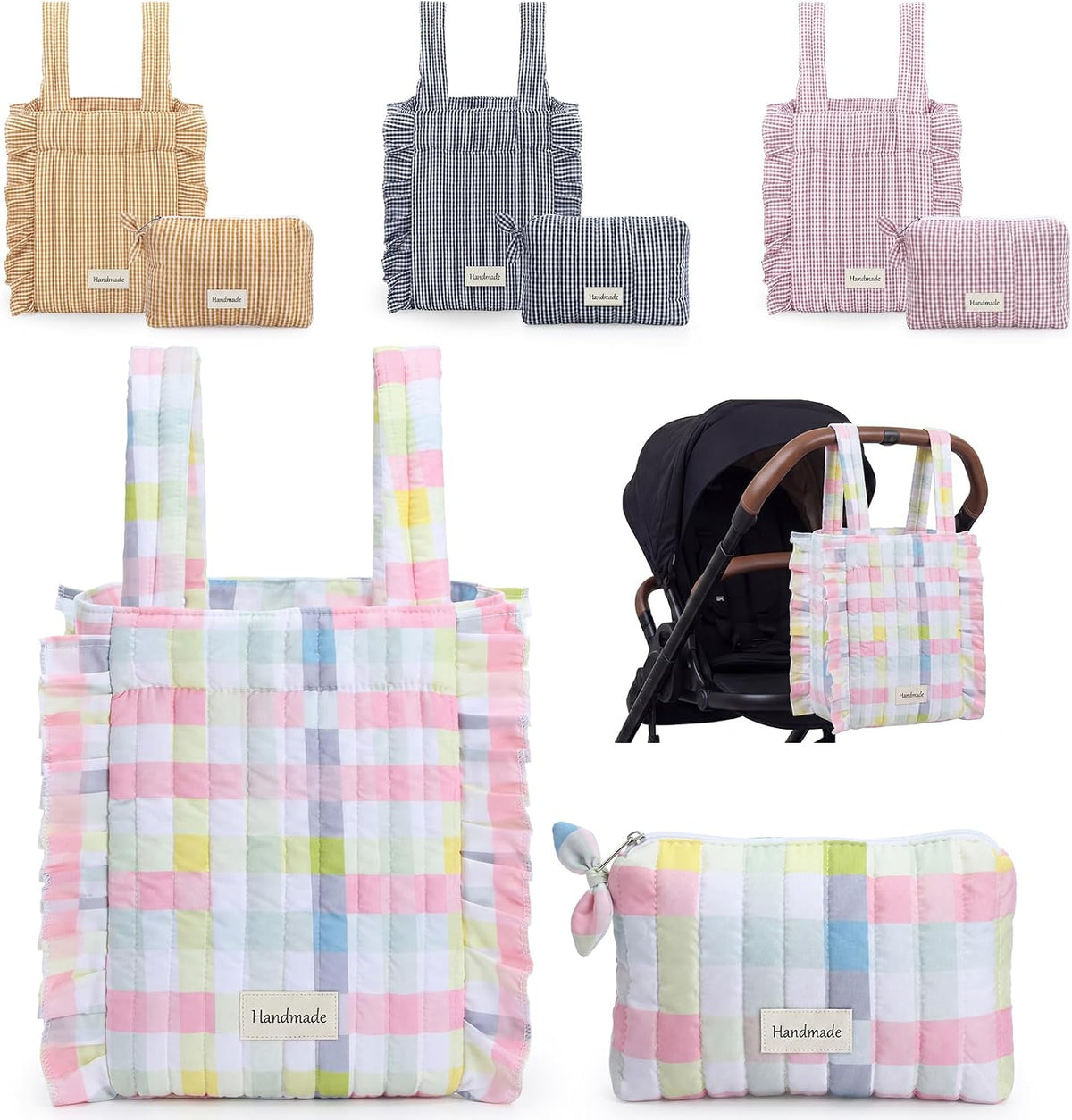 Plaid Ruffled Stroller Bag with Detachable Handle Drawstring Pocket Includes Mini Pouch Universal for Strollers