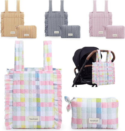 Plaid Ruffled Stroller Bag with Detachable Handle Drawstring Pocket Includes Mini Pouch Universal for Strollers