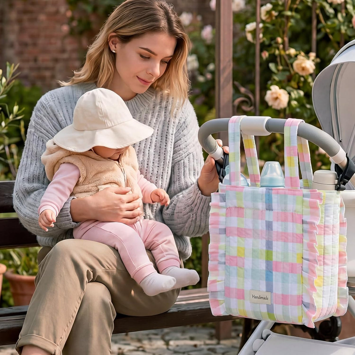 Plaid Ruffled Stroller Bag with Detachable Handle Drawstring Pocket Includes Mini Pouch Universal for Strollers