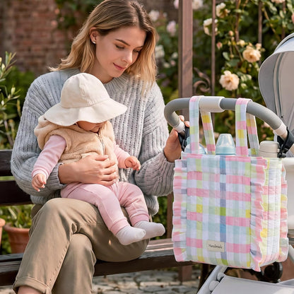 Plaid Ruffled Stroller Bag with Detachable Handle Drawstring Pocket Includes Mini Pouch Universal for Strollers