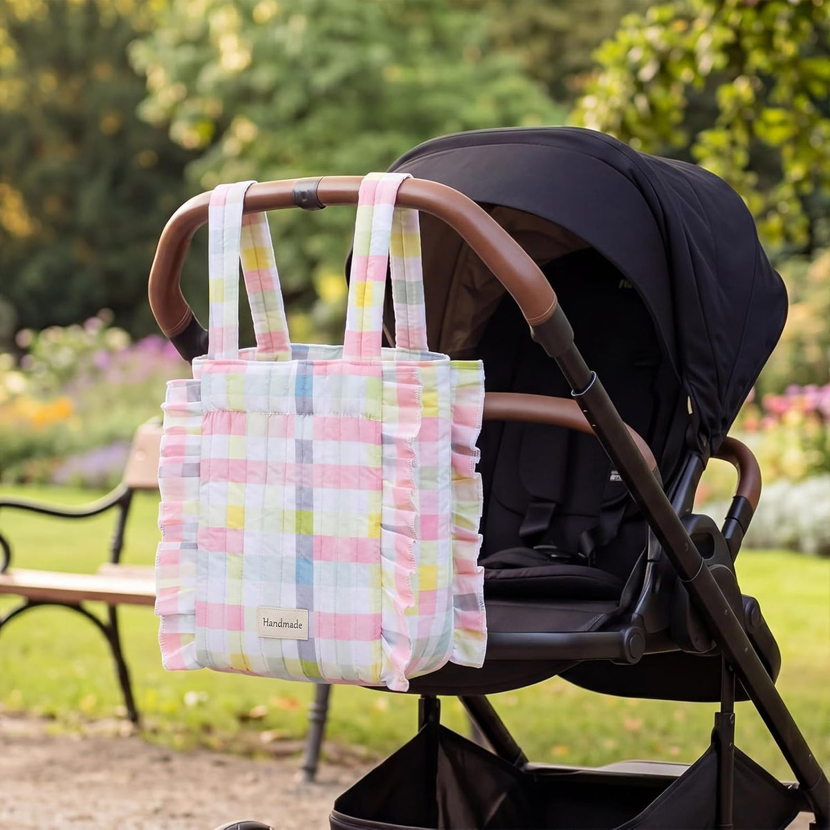 Plaid Ruffled Stroller Bag with Detachable Handle Drawstring Pocket Includes Mini Pouch Universal for Strollers