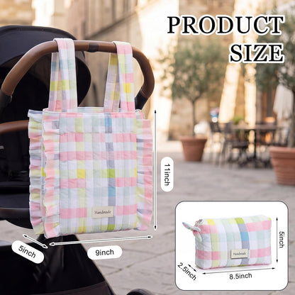 Plaid Ruffled Stroller Bag with Detachable Handle Drawstring Pocket Includes Mini Pouch Universal for Strollers