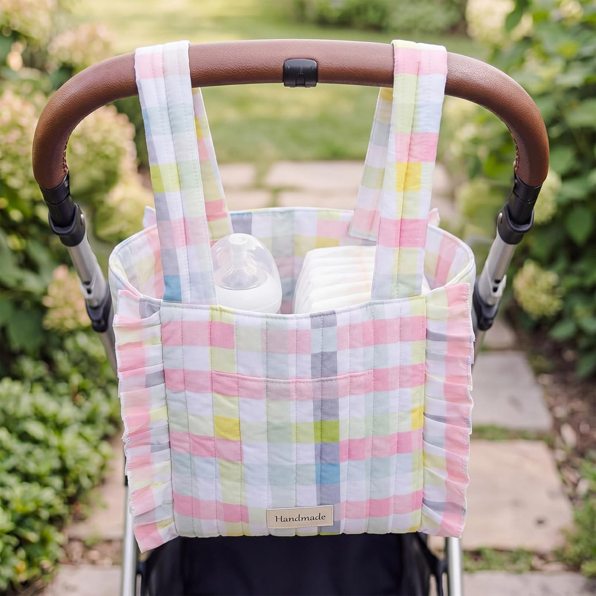 Plaid Ruffled Stroller Bag with Detachable Handle Drawstring Pocket Includes Mini Pouch Universal for Strollers