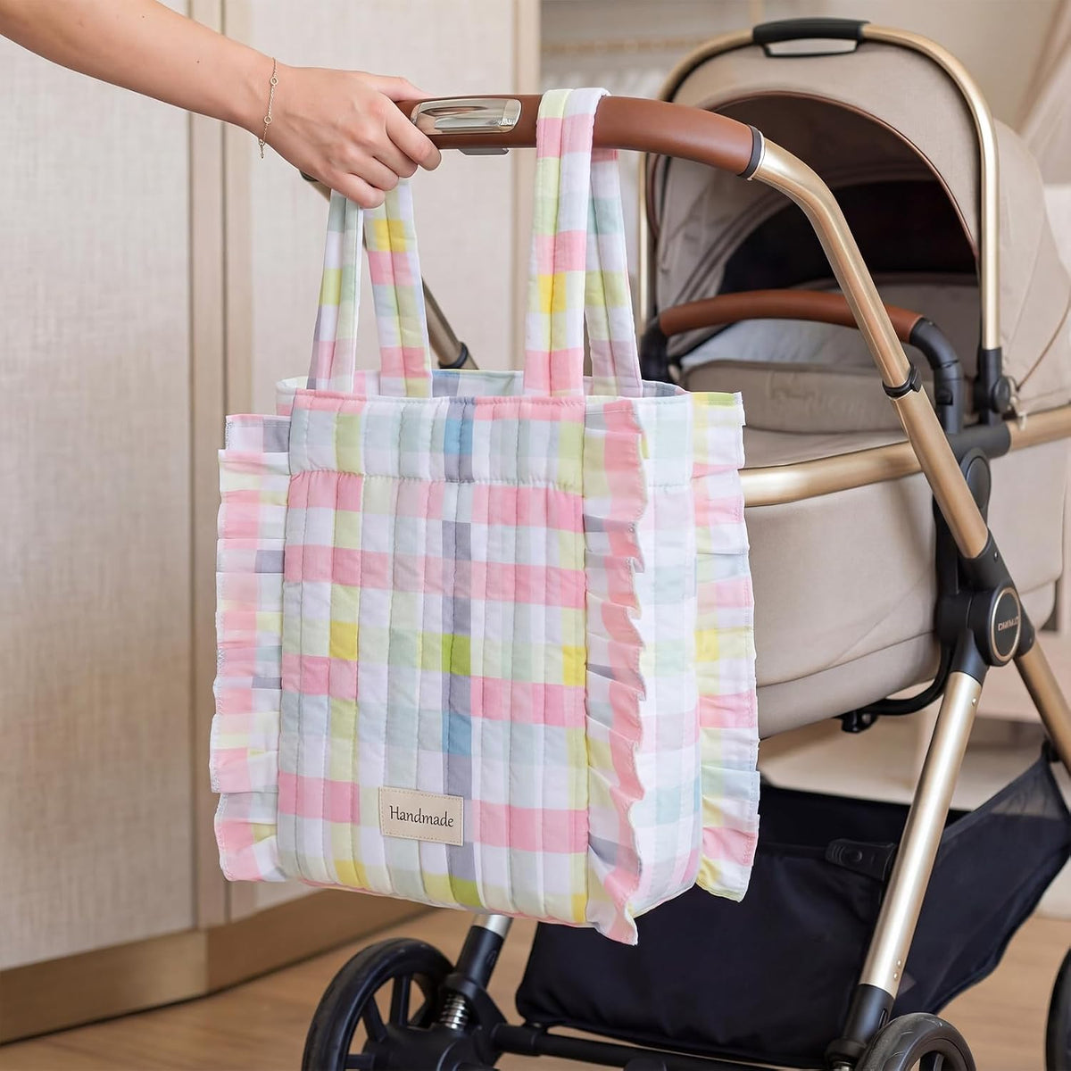 Plaid Ruffled Stroller Bag with Detachable Handle Drawstring Pocket Includes Mini Pouch Universal for Strollers