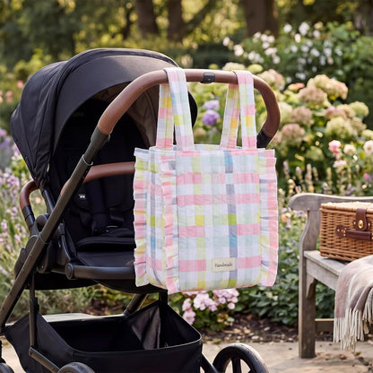 Plaid Ruffled Stroller Bag with Detachable Handle Drawstring Pocket Includes Mini Pouch Universal for Strollers
