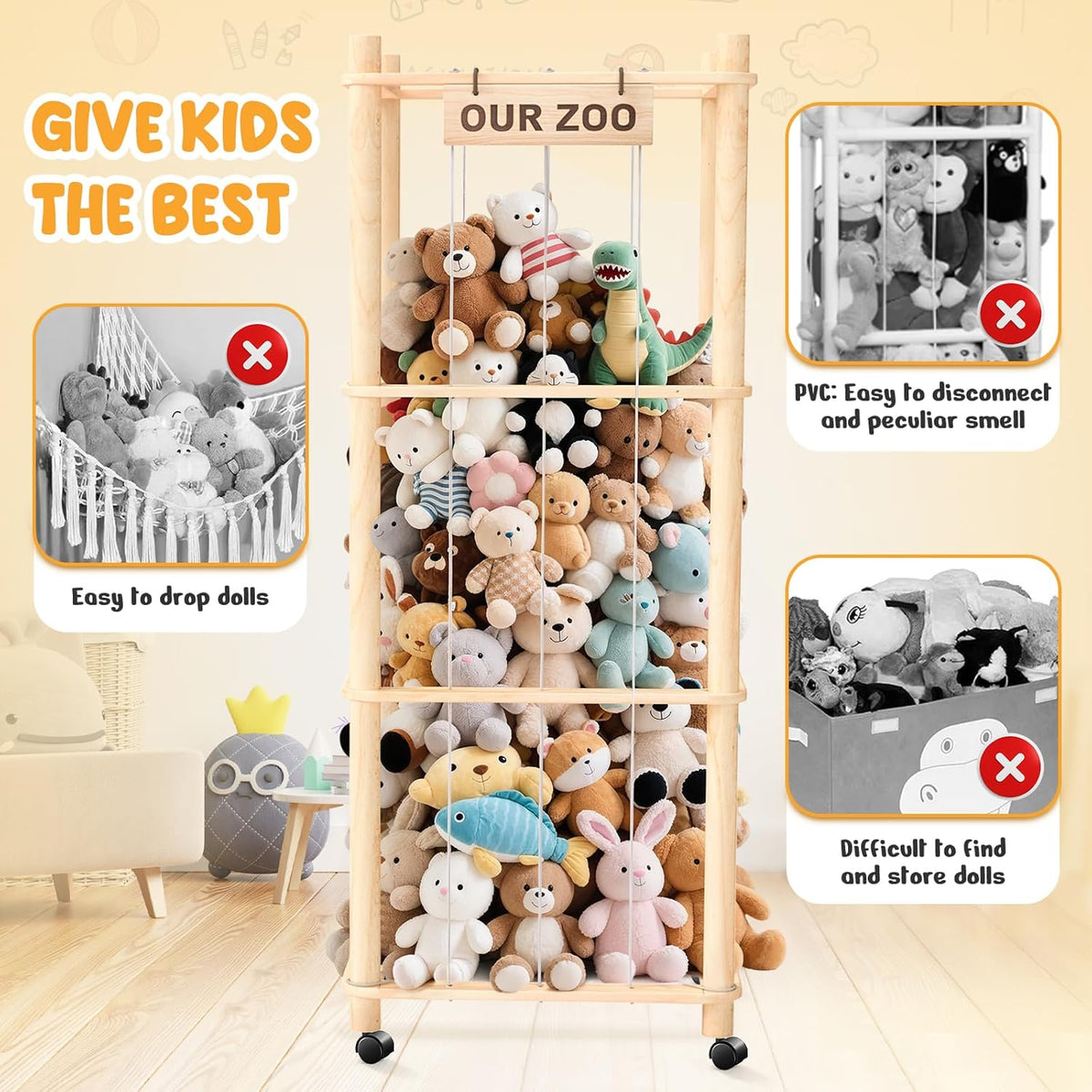Stuffed Animal Zoo Organizer with Wheels – Extra Large Plush Storage Cage, Stuffed Animal Holder & Stuffed Animal Storage for Kids’ Bedroom and Playroom