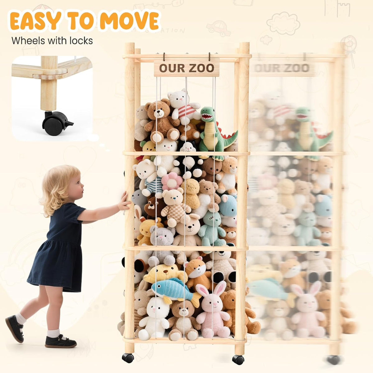 Stuffed Animal Zoo Organizer with Wheels – Extra Large Plush Storage Cage, Stuffed Animal Holder & Stuffed Animal Storage for Kids’ Bedroom and Playroom
