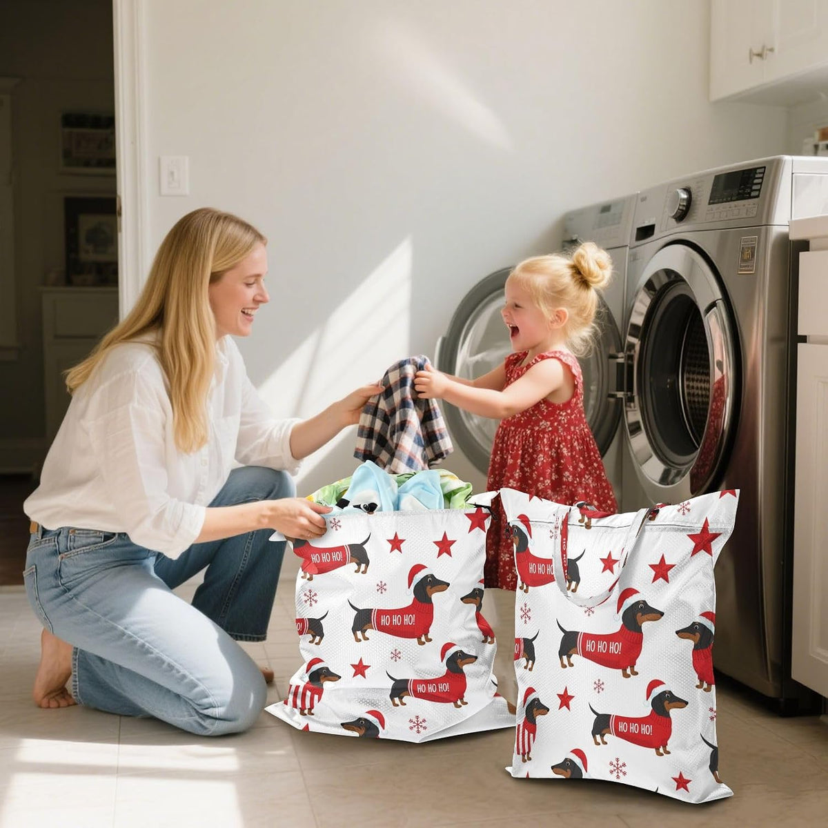 Christmas Dachshund Waterproof Travel Laundry Bag Easy Care 2 Pack