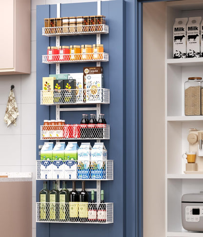 6-Tier Over The Door Pantry Organizer,Hanging Spice Rack,Grid Basket,White