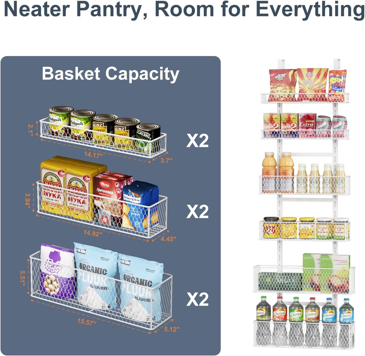 6-Tier Over The Door Pantry Organizer,Hanging Spice Rack,Grid Basket,White
