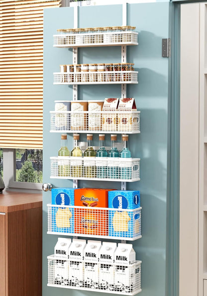 6-Tier Over The Door Pantry Organizer,Hanging Spice Rack,Grid Basket,White