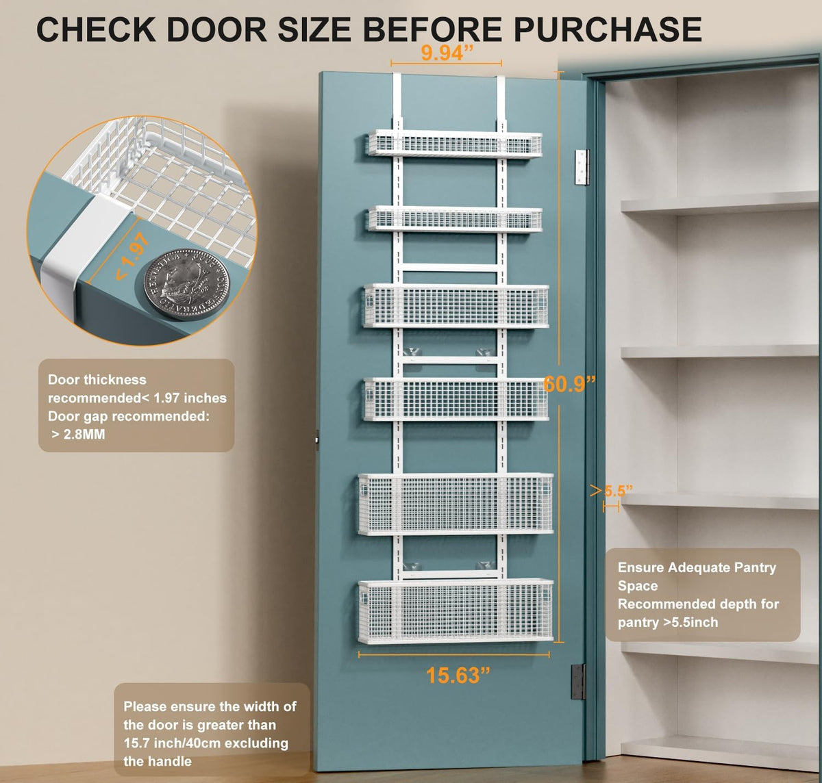 6-Tier Over The Door Pantry Organizer,Hanging Spice Rack,Grid Basket,White
