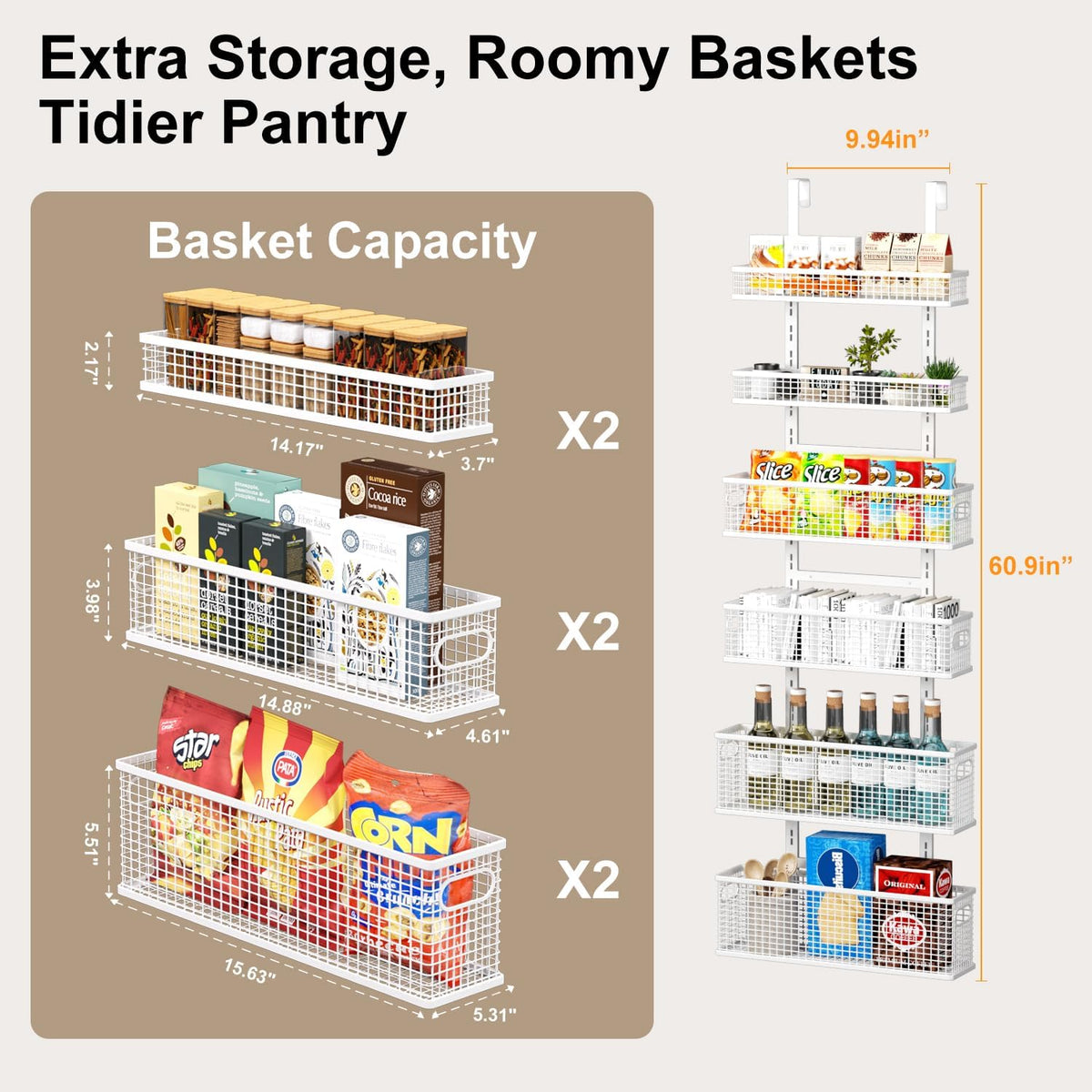 6-Tier Over The Door Pantry Organizer,Hanging Spice Rack,Grid Basket,White
