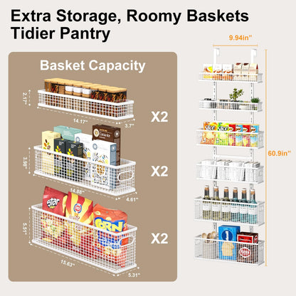 6-Tier Over The Door Pantry Organizer,Hanging Spice Rack,Grid Basket,White