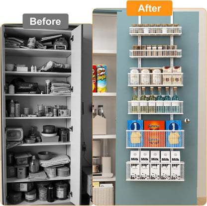 6-Tier Over The Door Pantry Organizer,Hanging Spice Rack,Grid Basket,White