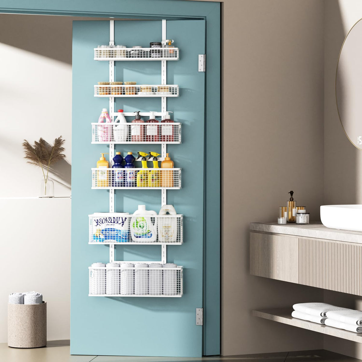 6-Tier Over The Door Pantry Organizer,Hanging Spice Rack,Grid Basket,White