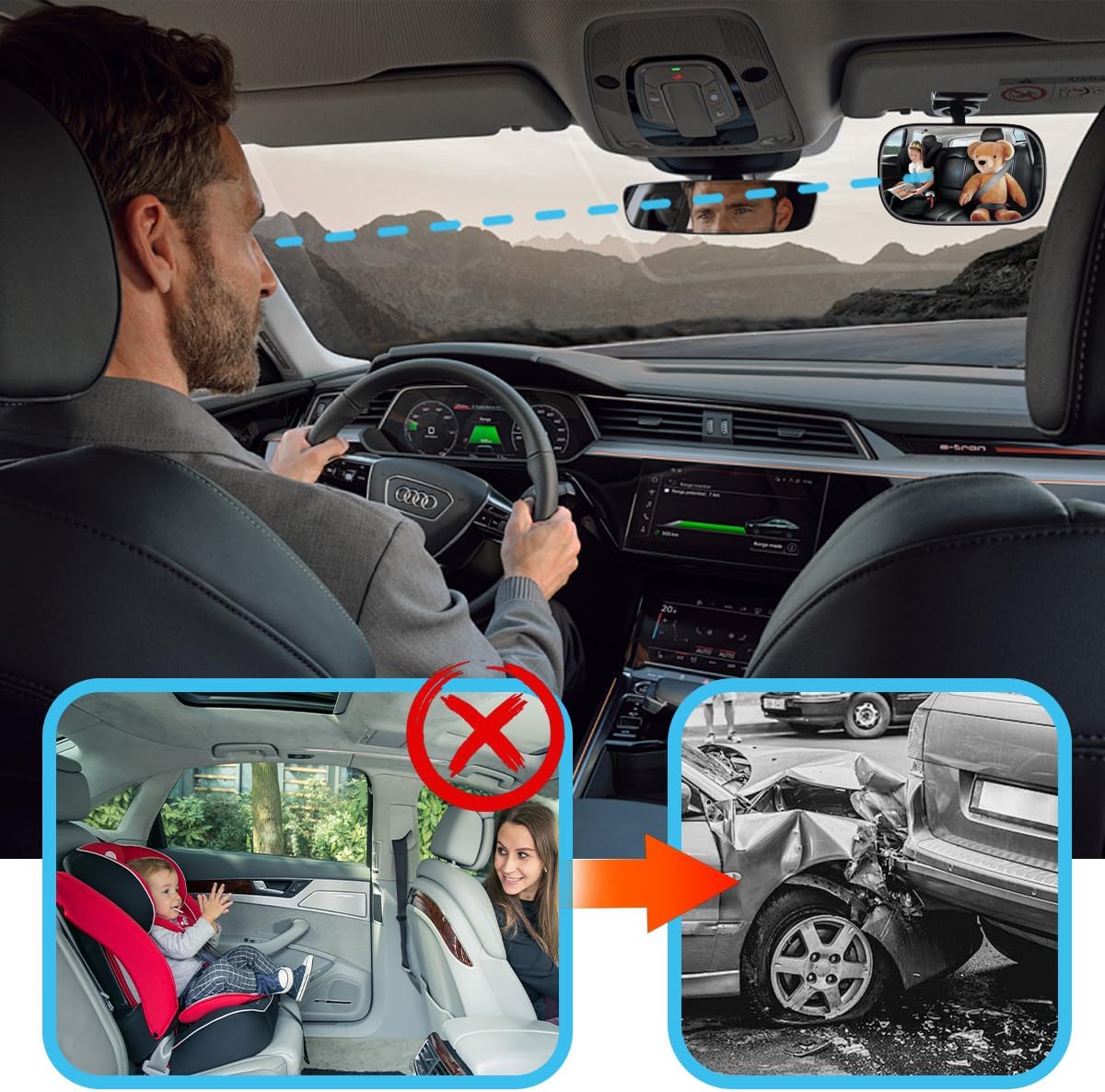 Car Interior Rearview Baby Mirror, Wide Angle Convex HD 360° Adjustable Rearview Mirror for Backseat Kids, Clip-on Sun Visor Safety Rearview for Monitoring Infant Child, Universal Fit