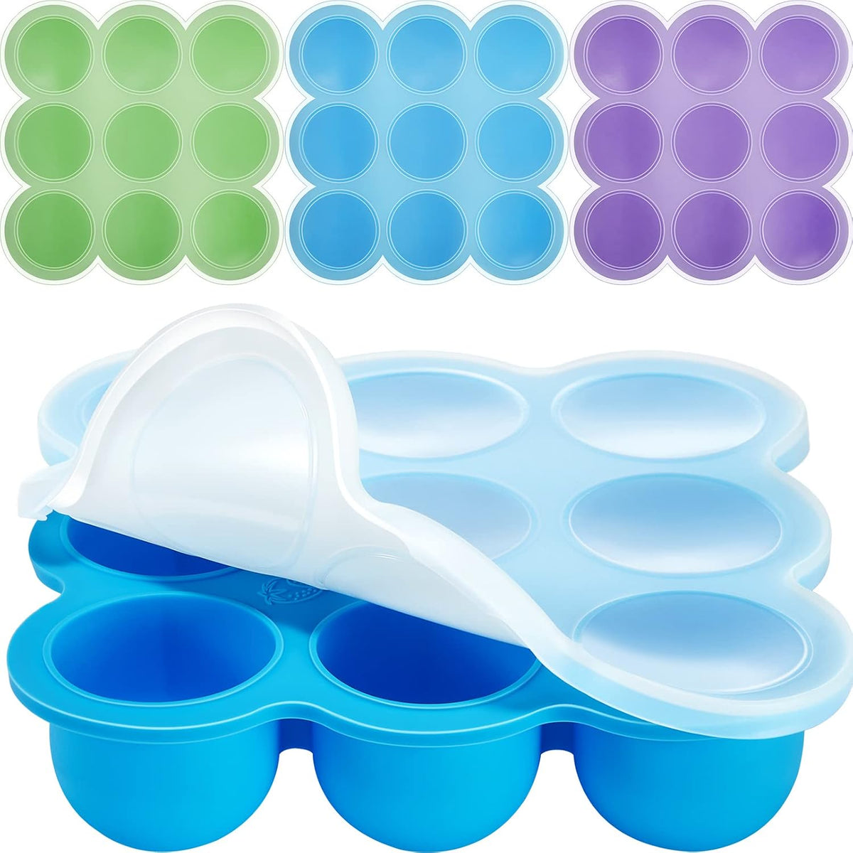 4 Pack Baby Food Storage Containers 9 Cup Silicone Baby Food Freezer Tray with Lid Stackable Reusable Freezer Storage Tray for Ice Breast Milk Homemade Food Vegetable (Blue, Purple, Green)
