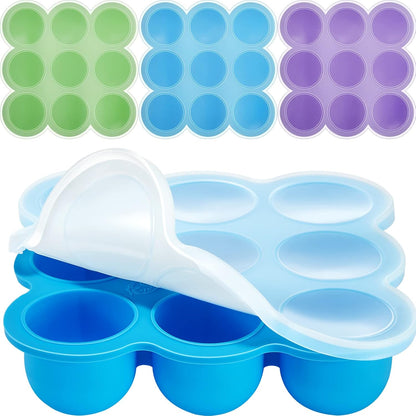 4 Pack Baby Food Storage Containers 9 Cup Silicone Baby Food Freezer Tray with Lid Stackable Reusable Freezer Storage Tray for Ice Breast Milk Homemade Food Vegetable (Blue, Purple, Green)