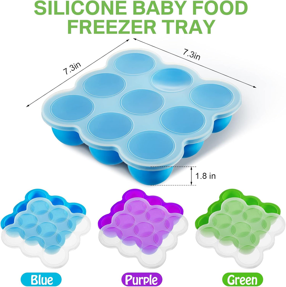 4 Pack Baby Food Storage Containers 9 Cup Silicone Baby Food Freezer Tray with Lid Stackable Reusable Freezer Storage Tray for Ice Breast Milk Homemade Food Vegetable (Blue, Purple, Green)