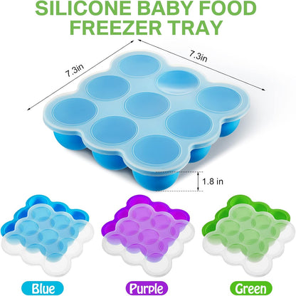 4 Pack Baby Food Storage Containers 9 Cup Silicone Baby Food Freezer Tray with Lid Stackable Reusable Freezer Storage Tray for Ice Breast Milk Homemade Food Vegetable (Blue, Purple, Green)